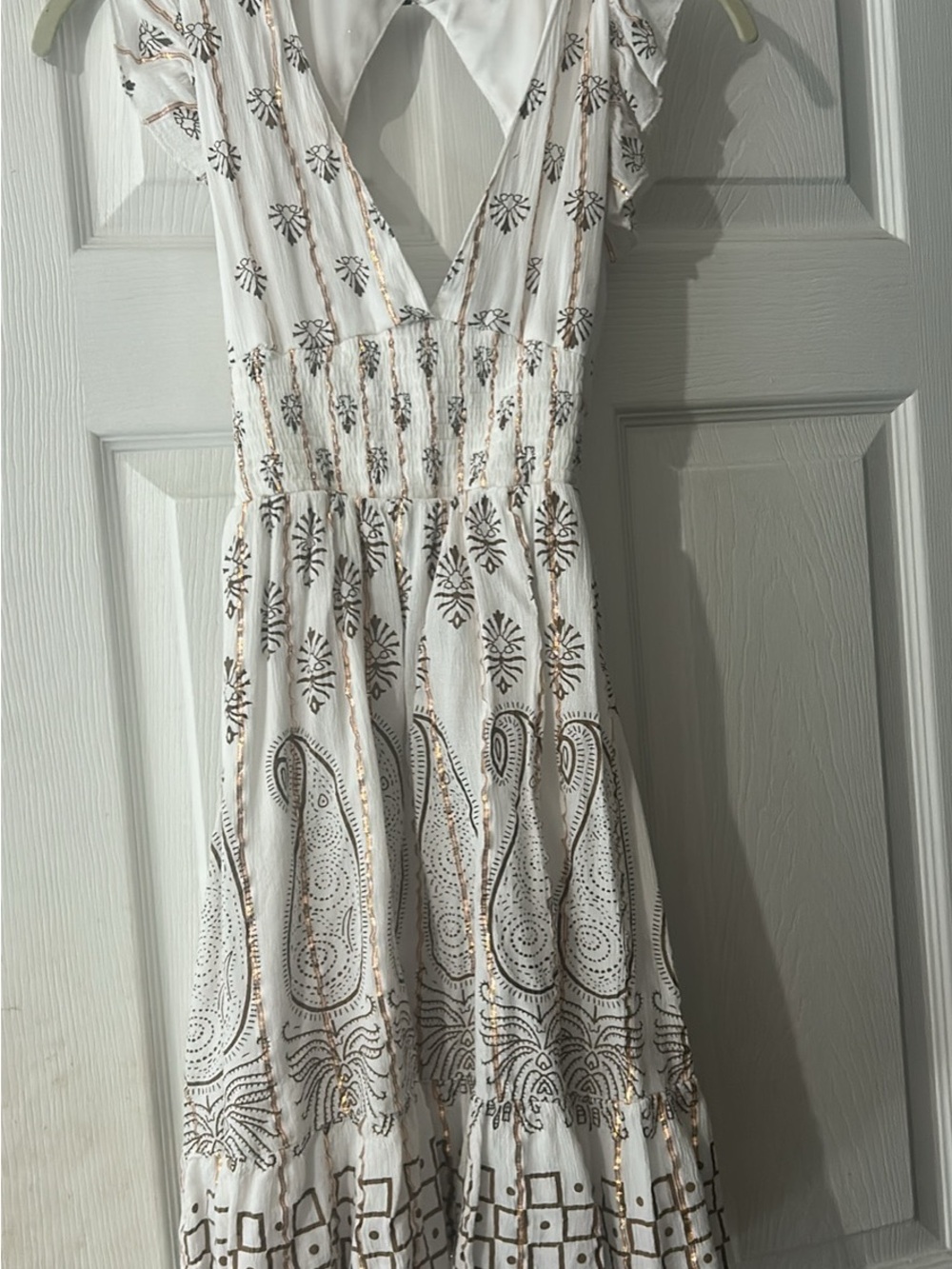 White and Gold Embroidered V-Neck Dress